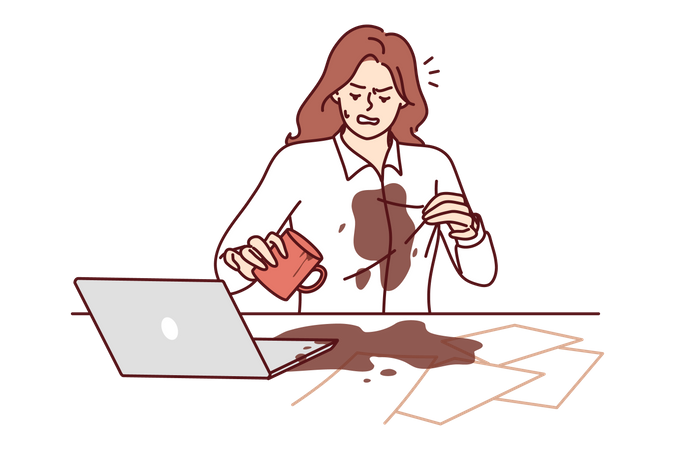 Woman spilled coffee on shirt  Illustration