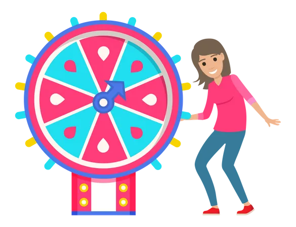 Woman spinning wheel of fortune to win jackpot Illustration