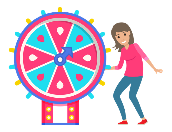 Woman spinning wheel of fortune to win jackpot  イラスト
