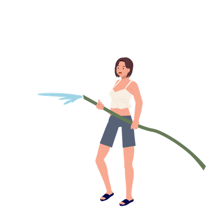 Woman splash water from water hose  Illustration