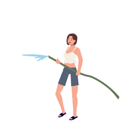 Woman splash water from water hose  Illustration