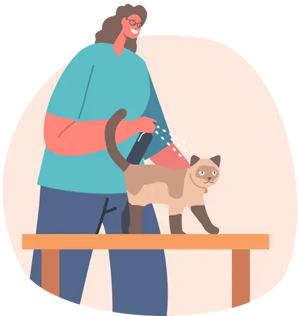Woman spraying cosmetics on pet animal  イラスト