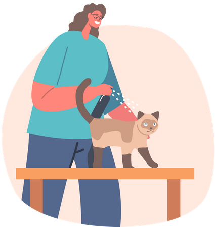 Woman spraying cosmetics on pet animal  Illustration