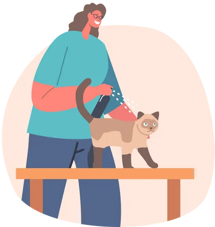 Woman spraying cosmetics on pet animal  Illustration