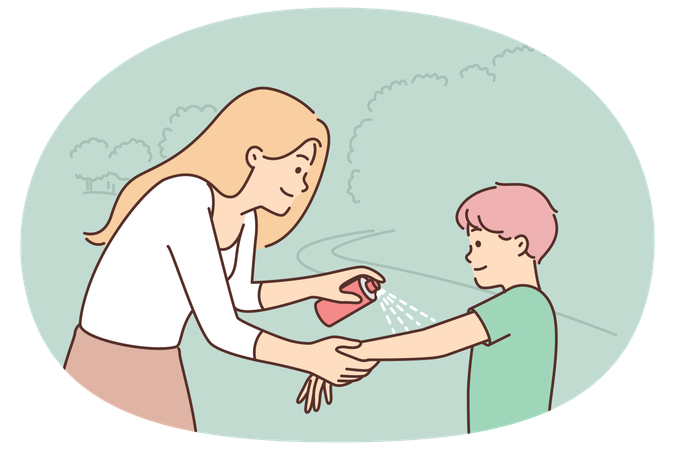 Woman spraying mosquito spray on boy hand taking care of preteen child health walking in park  Illustration