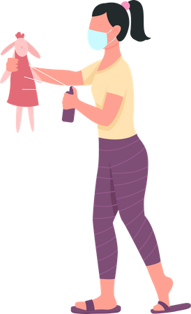 Woman spraying toy with disinfector Illustration