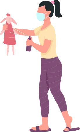 Woman spraying toy with disinfector  Illustration