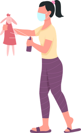 Woman spraying toy with disinfector  Illustration