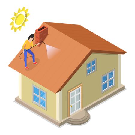 Woman Spraying Water on house roof in summer  Illustration