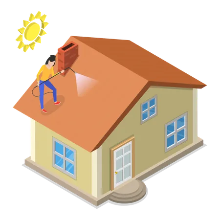 Woman Spraying Water on house roof in summer  Illustration