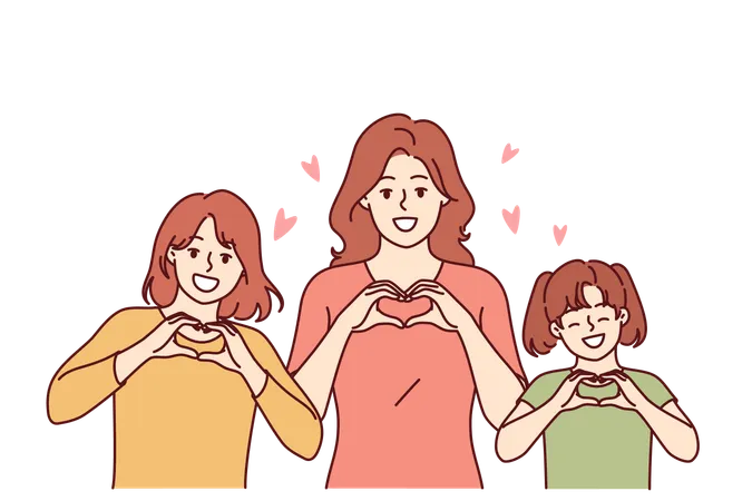Congratulations On Women Day From Women Of Different Ages Showing Heart Gesture And Congratulating You On March 8th Mom And Daughters Celebrate International Women Day Or Take Pride In Family Unity Illustration