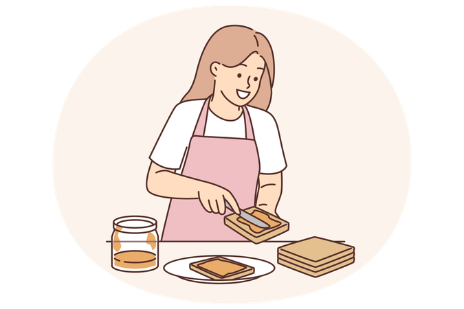 Woman spreads peanut butter on bread preparing sweet breakfast sandwich and smiles  Illustration
