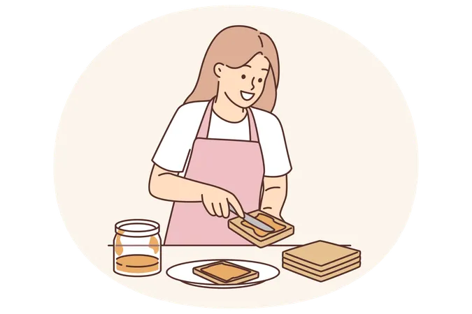 Woman spreads peanut butter on bread preparing sweet breakfast sandwich and smiles  Illustration