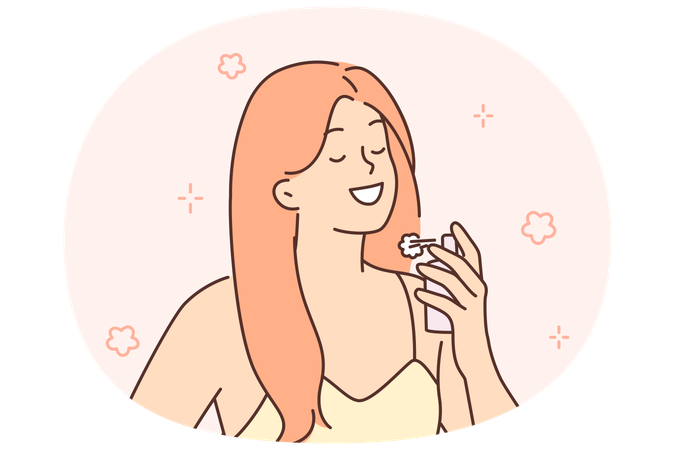 Woman sprinkles perfume on neck wanting to smell delicious at party  Illustration