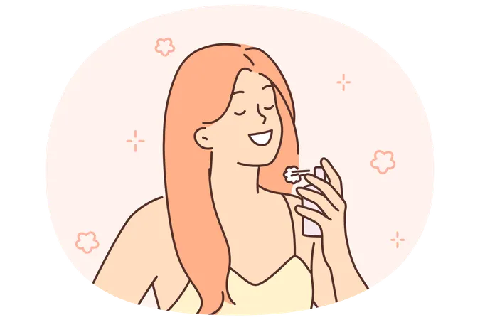 Woman sprinkles perfume on neck wanting to smell delicious at party  Illustration