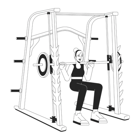 Woman Squatting In Weight Power Rack Flat Line Black White Vector Character Editable Outline Full Body Person Female Weightlifter Simple Cartoon Isolated Spot Illustration For Web Graphic Design Illustration