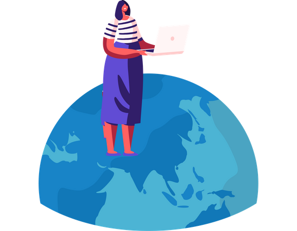 Woman Stand on Earth Globe with Laptop Analyzing Worldwide Situation  Illustration