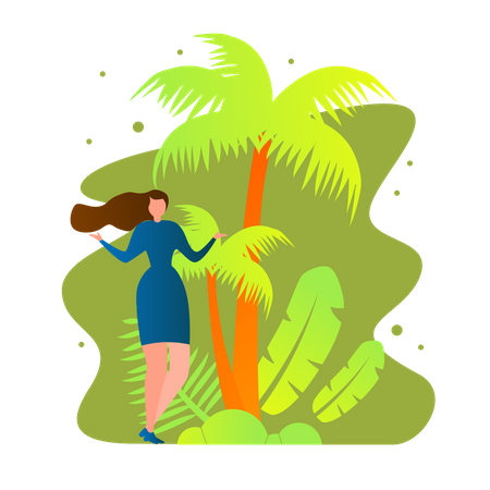 Woman Stand on with Palm Trees Illustration