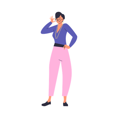 Woman standing and adjusting her glasses  Illustration