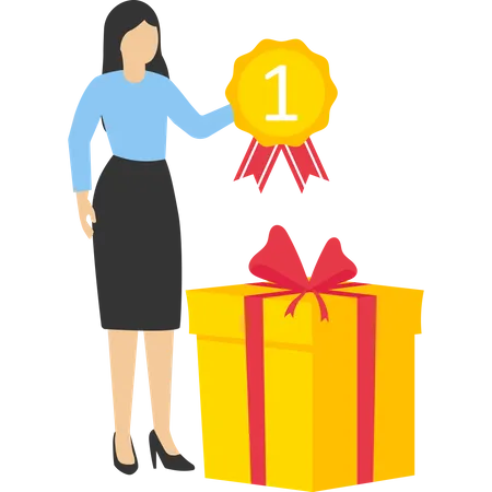 Woman Standing And Holding Winner Batch The Rewards Program And Receive Gifts Concept Of Getting Reward Loyalty Bonus Business Award Suitable For UI And Mobile Apps Flat Vector Illustration Illustration