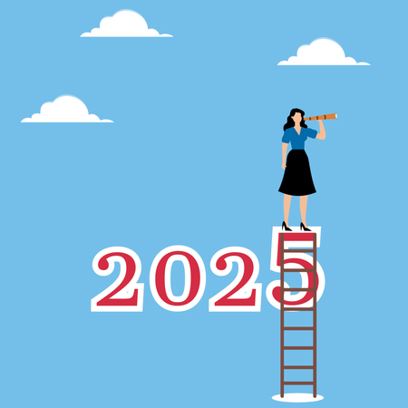 Woman standing at 2025 and looks through binoculars  Illustration