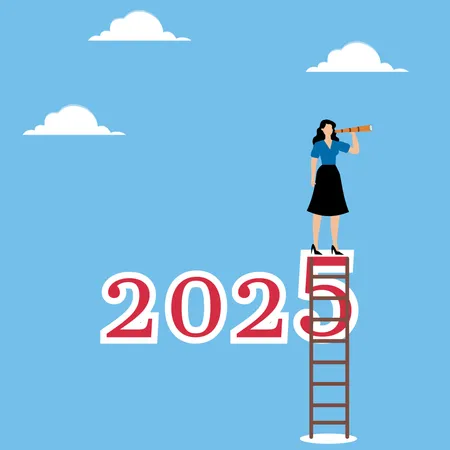 Woman standing at 2025 and looks through binoculars  Illustration