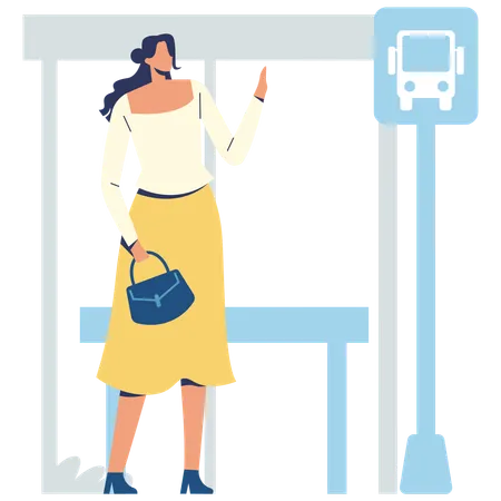 Woman standing at bus stop  Illustration