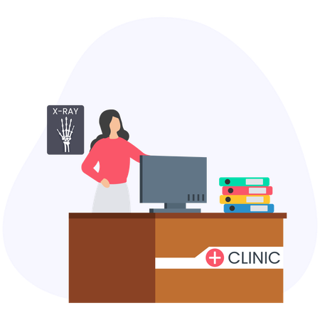 Woman standing at clinic reception  Illustration