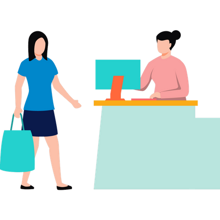 Woman standing at counter with shopping bags  Illustration