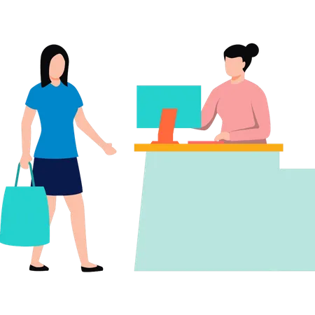 Woman standing at counter with shopping bags  Illustration
