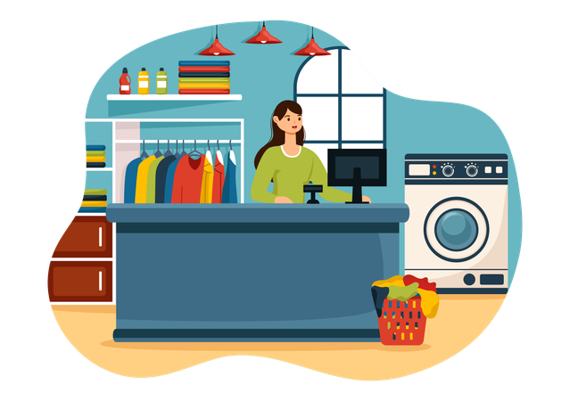 Woman standing at Dry Cleaner Counter  Illustration