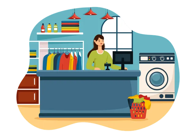 Woman standing at Dry Cleaner Counter  Illustration