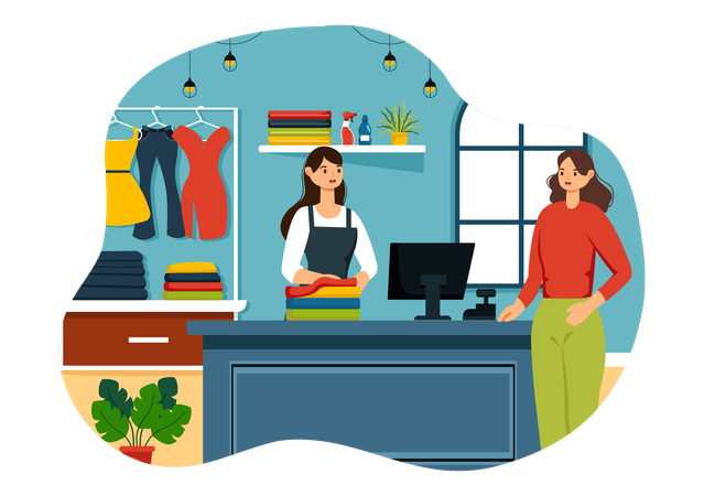 Woman standing at Dry Cleaner Store  Illustration