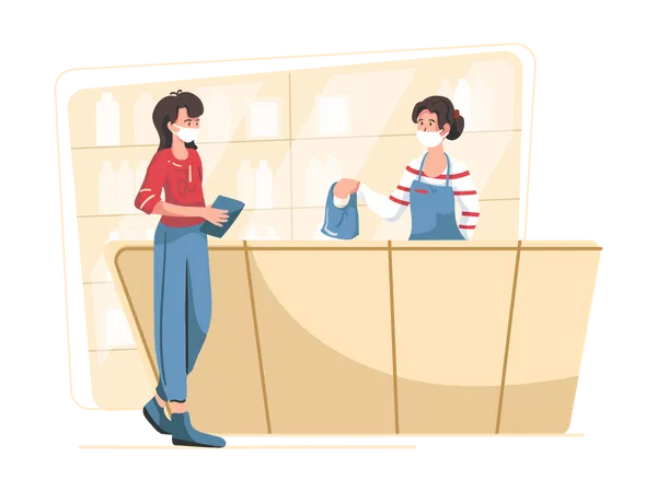 Woman standing at grocery store Illustration
