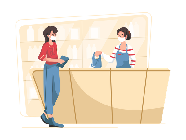 Woman standing at grocery store  Illustration