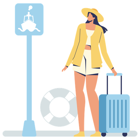 Woman standing at harbour port  Illustration