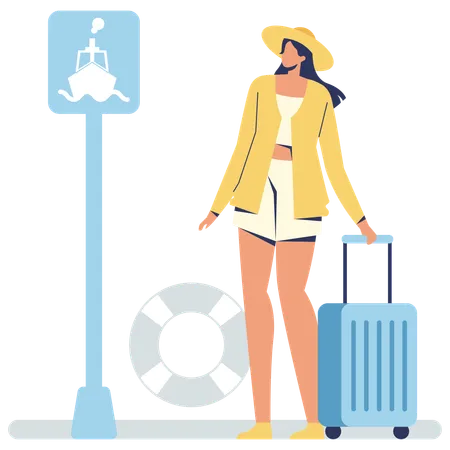 Woman standing at harbour port  Illustration