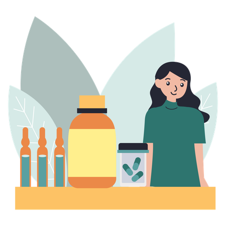 Woman standing at Pharmacy Counter  Illustration