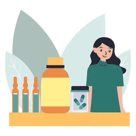 Woman standing at Pharmacy Counter  Illustration