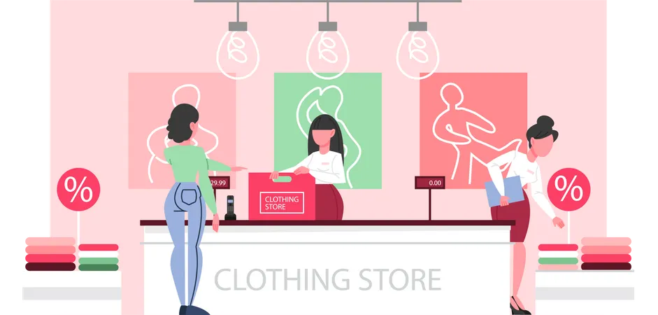 Woman standing at the counter in the clothing store  Illustration