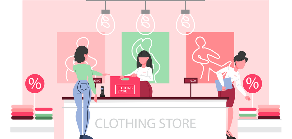 Woman standing at the counter in the clothing store Illustration