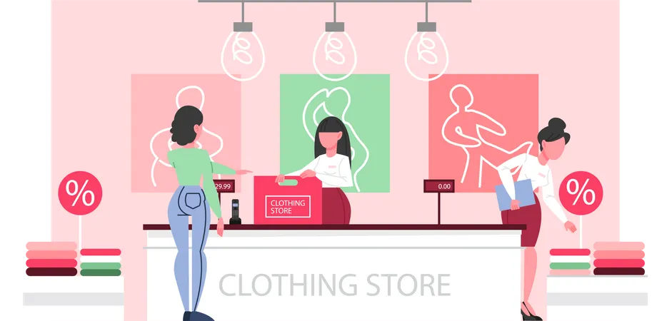 Woman standing at the counter in the clothing store Illustration