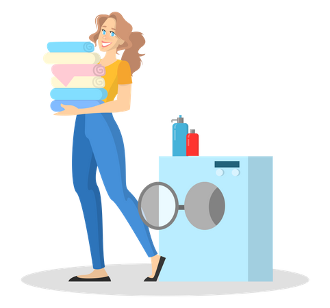 Woman standing at the washing machine with pile of clothes  Illustration