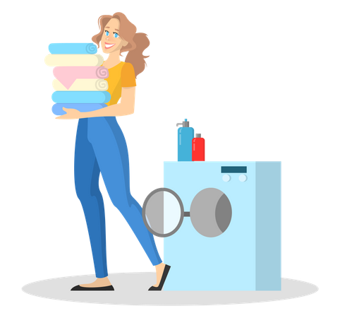 Woman standing at the washing machine with pile of clothes  일러스트레이션