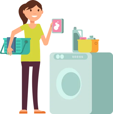 Woman standing at washing machine  Illustration