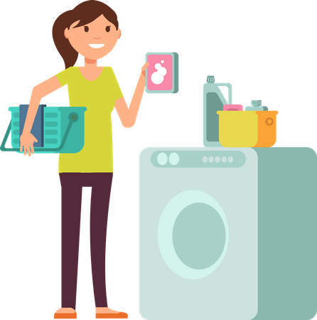 Woman standing at washing machine  Illustration