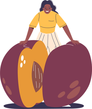 Woman Standing Behind Large Half Plum  Illustration