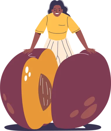 Woman Standing Behind Large Half Plum  Illustration