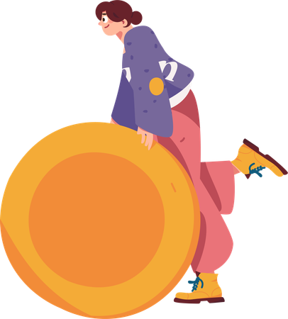 Woman standing besides gold coin  Illustration