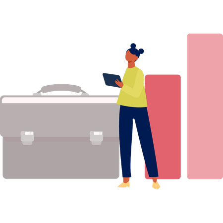 Woman standing by briefcase bag  Illustration